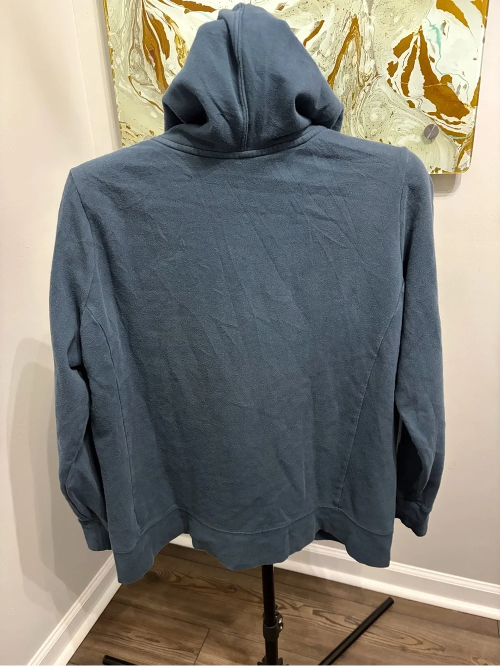 The North Face Blue Pullover Hoodie with Orange Hood and Drawstrings